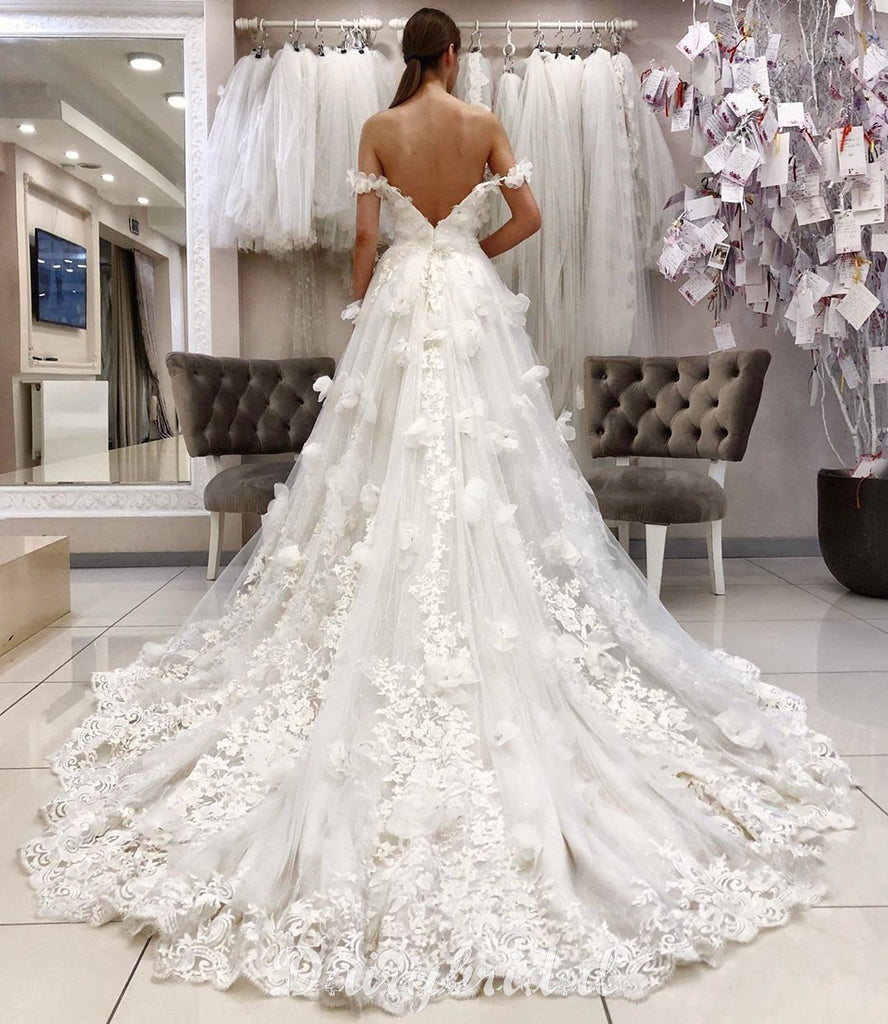 Honest A-line Off Shoulder Lace Backless Applique Wedding Dresses, FC4618